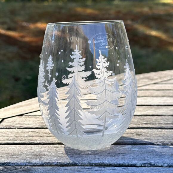 Christmas Tree & Reindeer Stemless Wine Glass 5” Frosted Winter Forest NEW - Picture 9 of 11